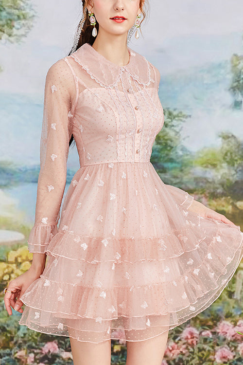 Pink Vintage French Doll Collar Ruffled Long Sleeves Mesh Embroidered Sweet Lolita OP Dress