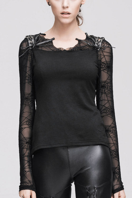 Black Sexy Transparent Spiderweb Back Mesh Long Sleeves Punk Women T-Shirt