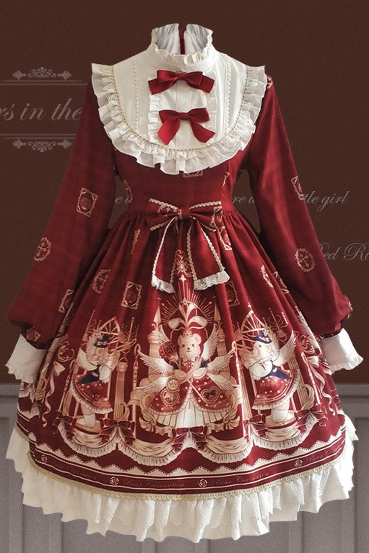 Doll Collar Lantern Long Sleeves Stitching Bear Paradise Print Ruffled Hanayome Sweet Lolita Op Dress