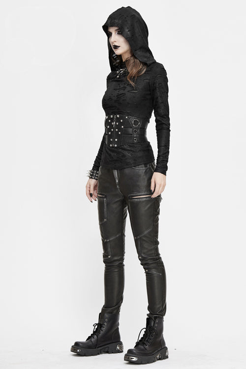 Schwarze Punk Biker Block Shaped Patchwork Hand geriebene Leder Damen Hose