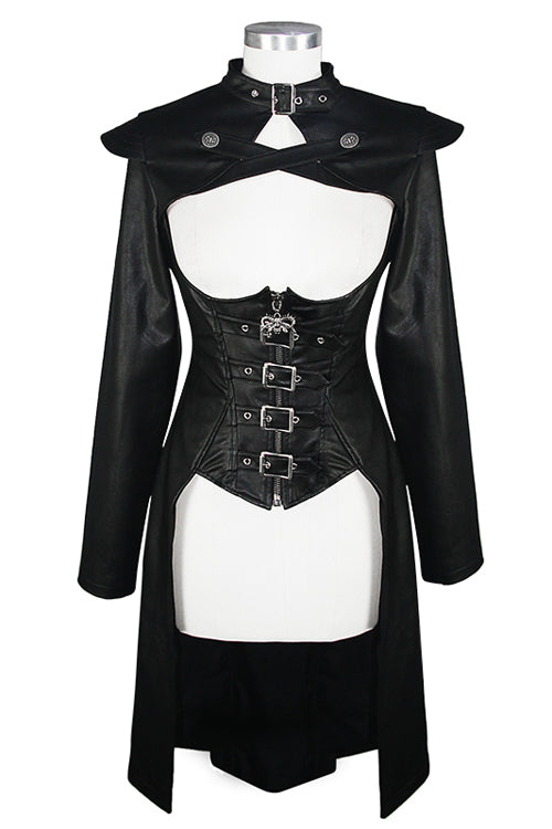 Black waisted short front and long back bare breast leather long womens Punk coat