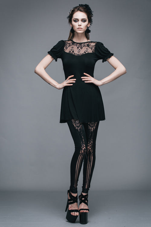 Schwarzes gemustertes, kurzärmliges Gothic-T-Shirt für Damen mit Spitzenkragen und mittellanger Länge