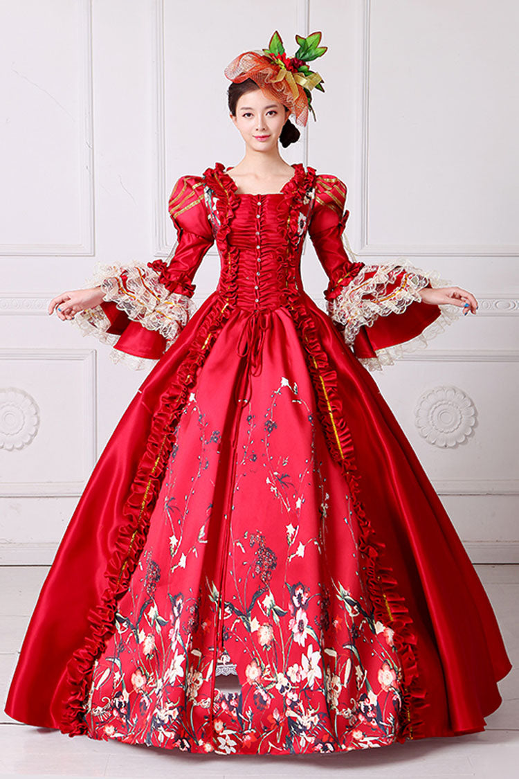 Half Sleeves Multi-Layer Trumpet Sleeves High Waisted Floral Print Victorian Lolita Prom Dress