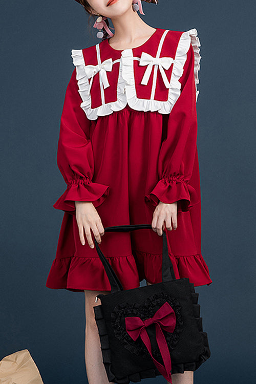 Red Doll Collar Ruffled Long Sleeves Relaxed Waist Sweet Lolita OP Dress