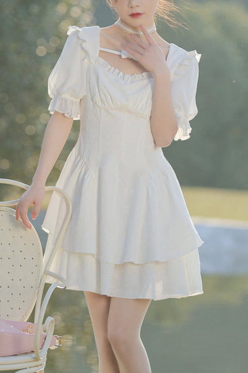 White Ruffled Square Collar Bubble Short Sleeves Double Layer Embossed Fabric Sweet Lolita Dress