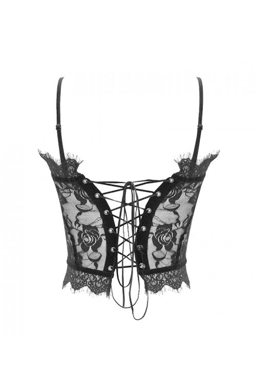 Black Adjustable Flocking Ribbons Decorated Lace Halter Gothic Corset