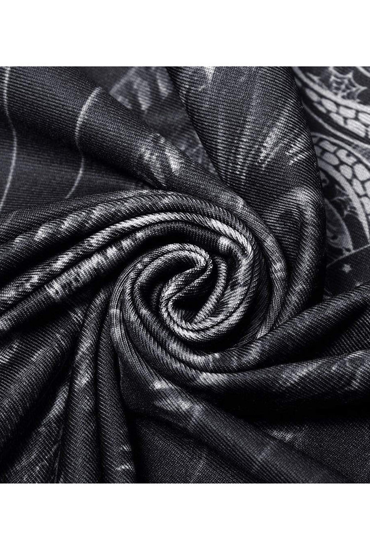 Black/Grey Gothic Perspective Elasticity Skeleton Print Cross Tie Rope Design Mesh Women's T-Shirt