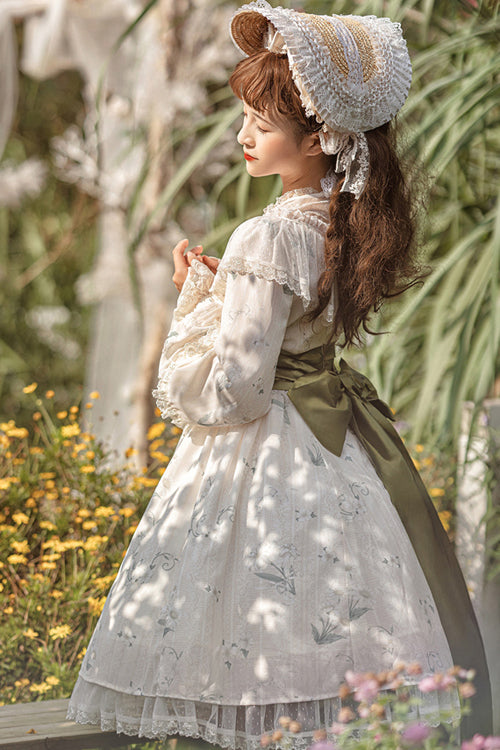 Beige Lace Round Collar Ruffled Lantern Sleeves Fresh Floral Print Sweet Lolita OP Dress