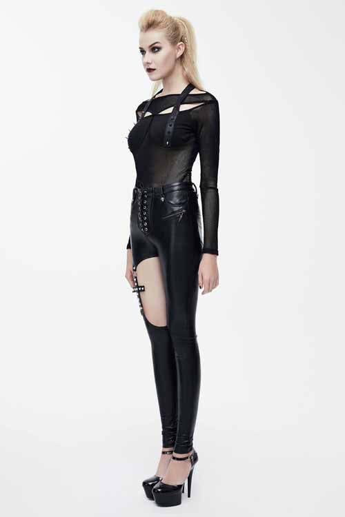 Black Hollow Out Cross Shaped Elastic Sexy Punk Tight Leather Womens Pants