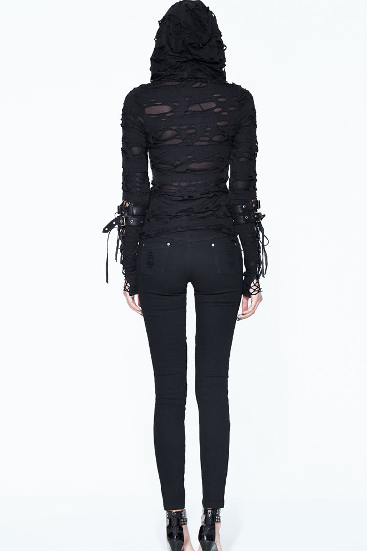 Black Hooded Ripped Finger Covered Splice Mesh Leather Loop Lace Up Women's Punk Shirt