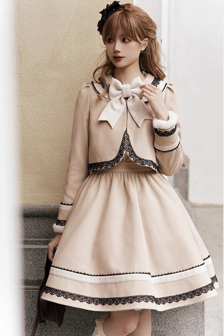 Light Tan Doll Collar Bowknot Autumn Winter Sweet College Style Lolita Dress Two Piece Set