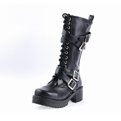 Black Stylish Patent Leather Straps Buckles Gothic Lolita Boots