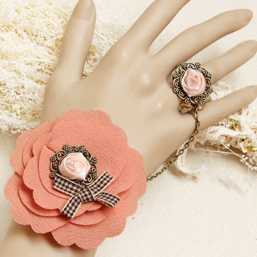 Pink Fashion Bow Rose Flower Hemp Rope Female Lolita Ring Bracelet