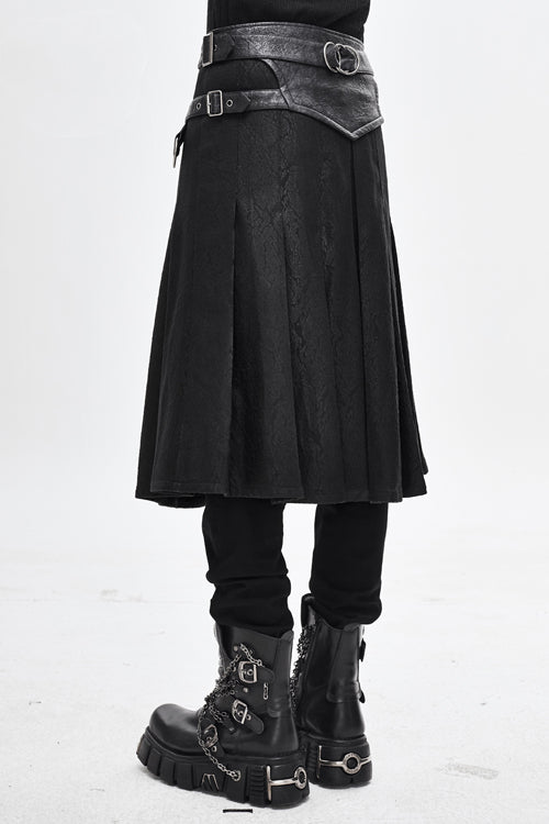 Black Punk Metallic Mist Textured Leather Waistband Grain Pleated Mens Kilts