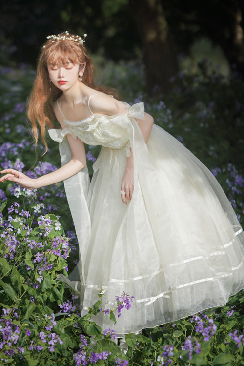 Beige Small Ballet High Waisted Bowknot Chiffon Long Version Sweet Lolita JSK Dress