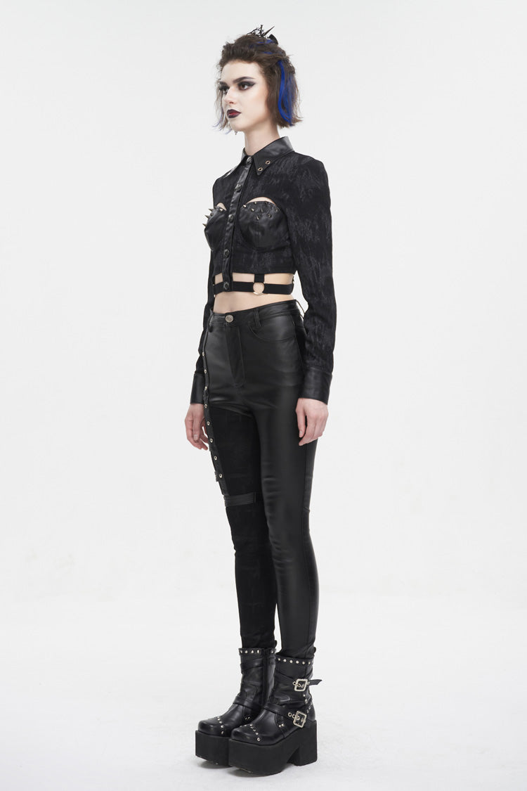 Black Turn Down Collar Cutout Long Sleeves Studded Women's Punk Shirt