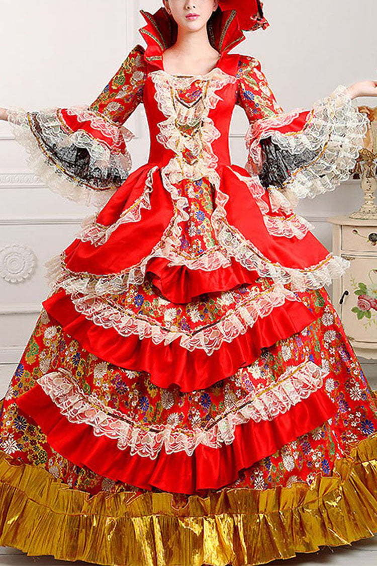 Trumpet Sleeves Stand Collar Lace Stitching Ruffled Multi-Layer Victorian Lolita Prom Dress