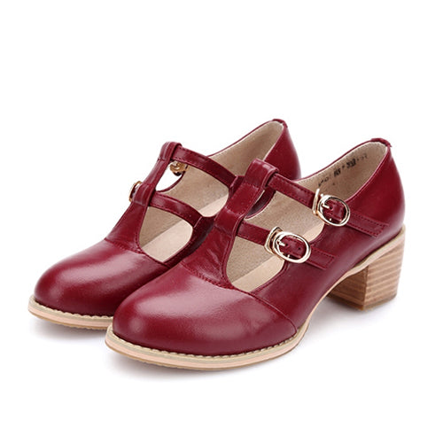 Retro Wine Red Double Buckles Mid Heel Lolita Shoes