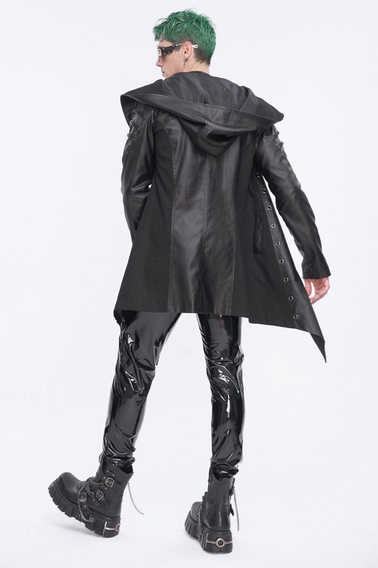 Black Irregular Eyelet Men's Gothic Jacket With Hood