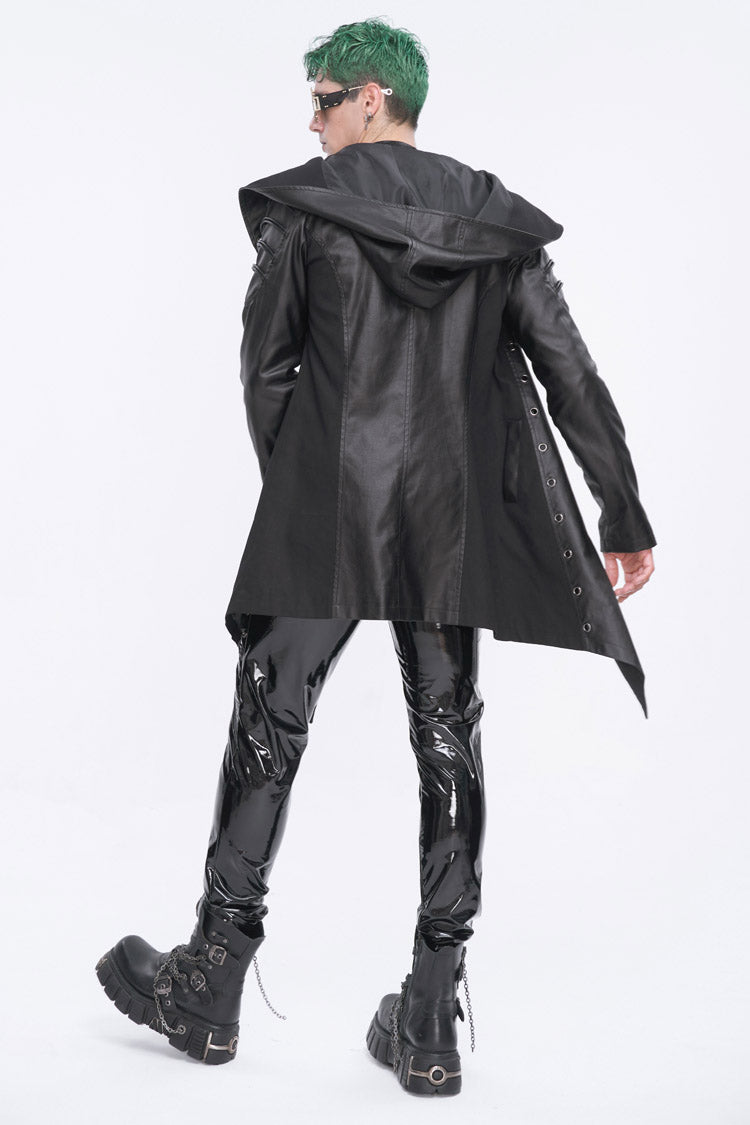 Schwarze Gothic-Jacke für Herren mit unregelmäßigen Ösen und Kapuze