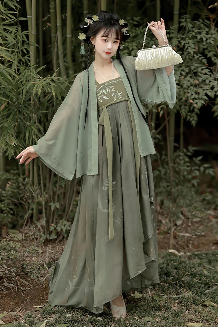 Green High Waisted Embroidery Sweet Chinese Style Hanfu Jsk Dress Full Set