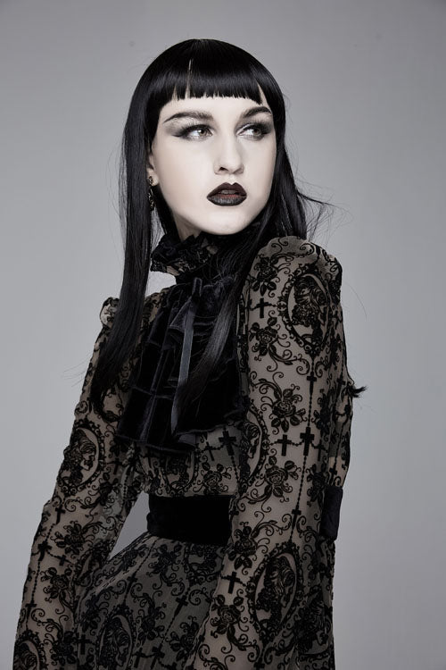 Schwarzes, mit Blumenmuster bedrucktes, langärmliges Samtkleid mit Krawatte für Damen im Gothic-Stil