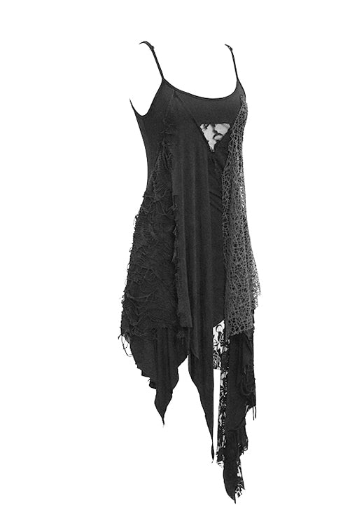 Black Asymmetrical Punk Torn Broken Holes Knitted Womens Slip Dress