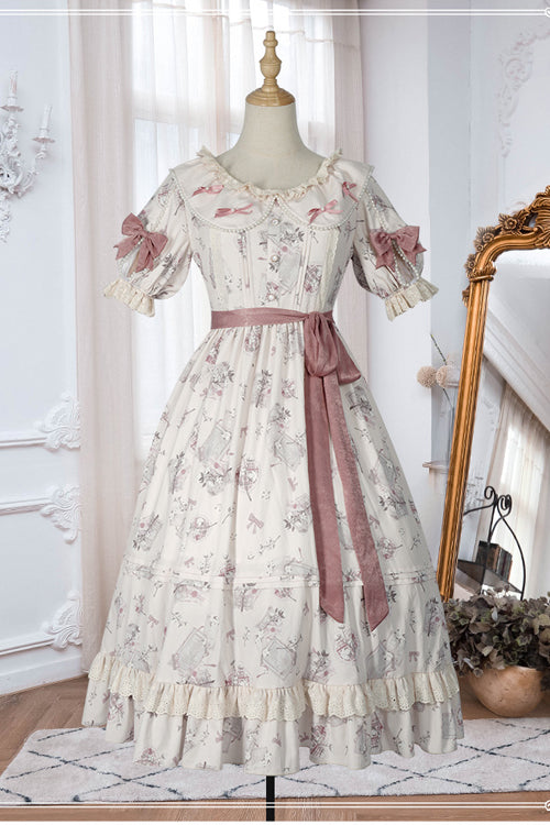Beige Round Collar Short Sleeves Flower Print High Waist Sweet Lolita OP Dress