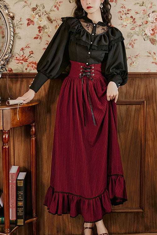 Wine Vintage Palace Style Ruffled Stripe Print High Waisted Classic Lolita Dress Skirt