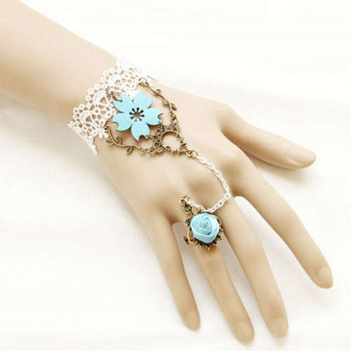 White Vintage Lace Blue Rose Gothic Lolita Ring Bracelet
