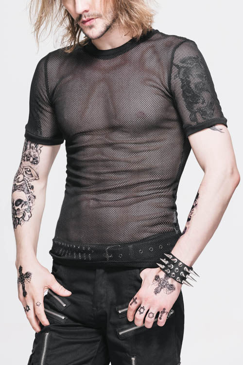 ブラックダイヤモンド型メッシュラウンドネック半袖パンクメンズトップスTシャツ