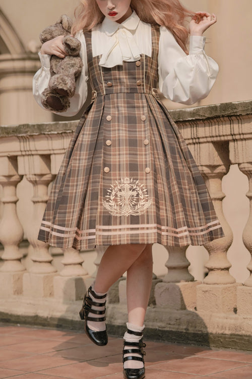 Detective Girl Lapel Collar Double Breasted Embroidery Fake Two Pieces Plaid Sweet Lolita OP Dress