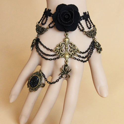 Black Retro Rose Flower Spider Lace Gemstone Female Punk Lolita Ring Bracelet