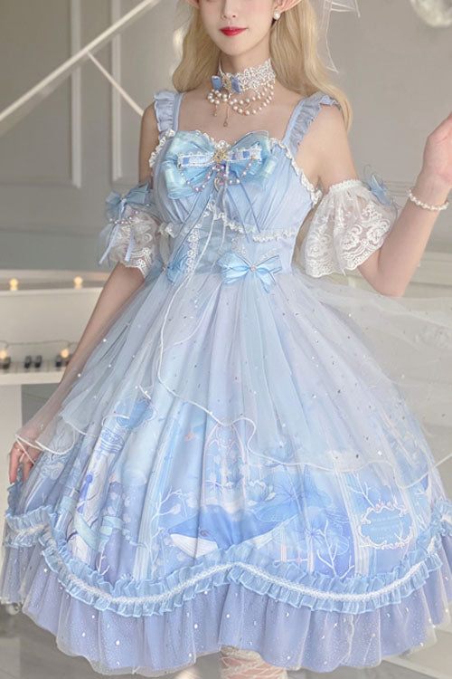 Blue Whale In The Ocean Print Bowknot Princess Multi-Layer Ruffled Sweet Lolita JSK Dress