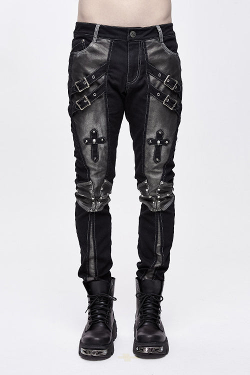 Black With Silver Punk Hand Rubbed Leather With Loops Mens Pants