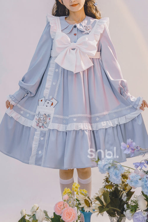 Blue Doll Collar Single Breasted Princess Sleeves High Waist Magic Playing Cards Sweet Lolita OP Dress