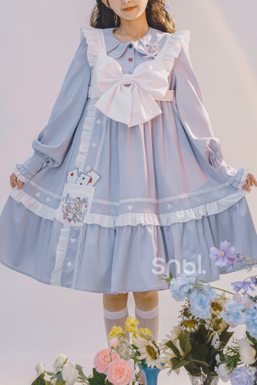 Blue Doll Collar Single Breasted Princess Sleeves High Waist Magic Playing Cards Sweet Lolita OP Dress