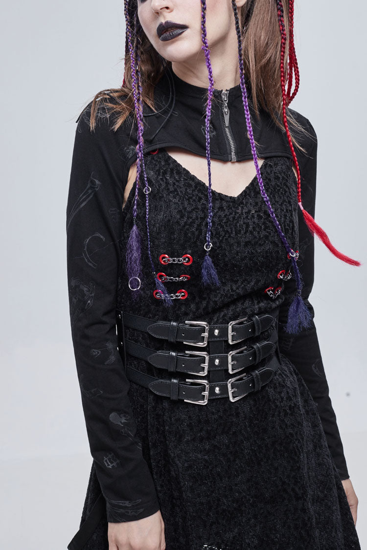 Black Bone Printed Strappy Zipper Women's Gothic Cape