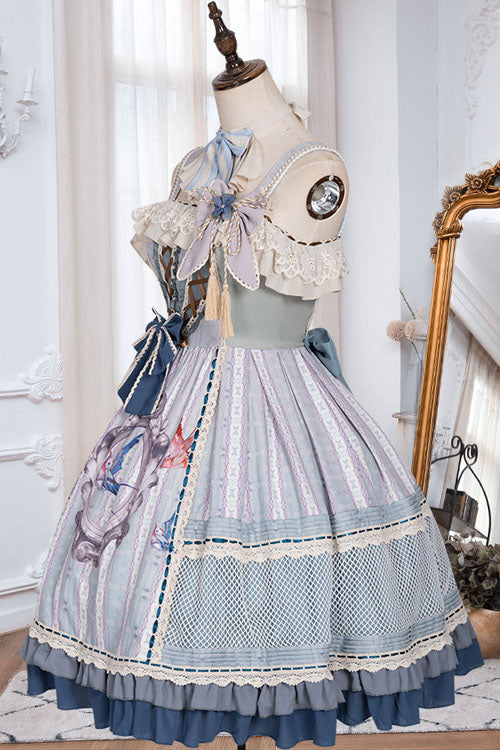 Light Blue Vintage Finches In The Mirror Print Country Style Bowknot Multi-Layer Ruffled Classic Lolita JSK Dress