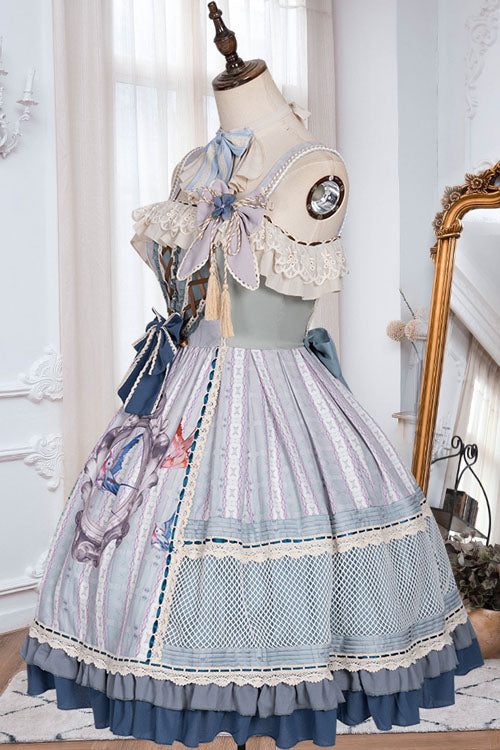 Light Blue Vintage Finches In The Mirror Print Country Style Bowknot Multi-Layer Ruffled Classic Lolita JSK Dress
