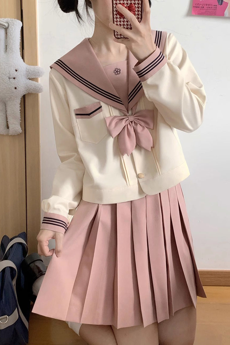 Pink/Ivory Sailor Collar Long Sleeves Sweet Japanese School Skirt Set