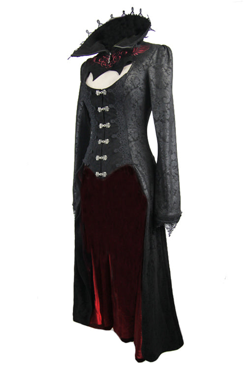 Black And Red Floral High Collar Embroidered Womens Gothic Coat