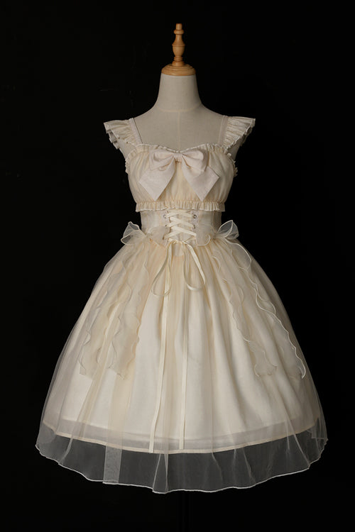 Beige Ruffled Strap Bow Sleeveless Sweet Lolita JSK Dress