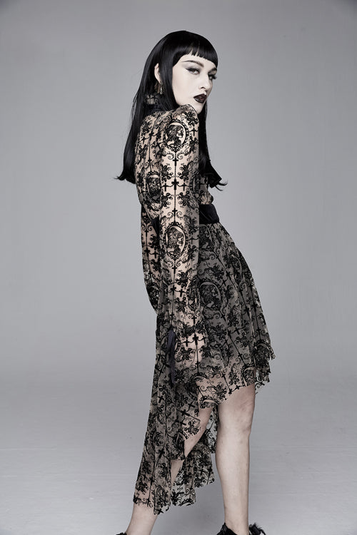 Apricot See Through Printed Long Sleeves Velvet Belted Womens Gothic Dress With Tie