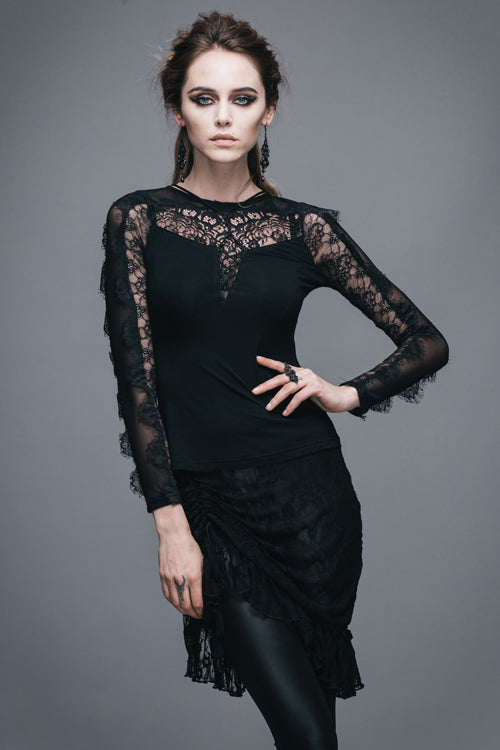 Black Sexy Lace Pattern Long Sleeves Gothic Womens T-Shirt
