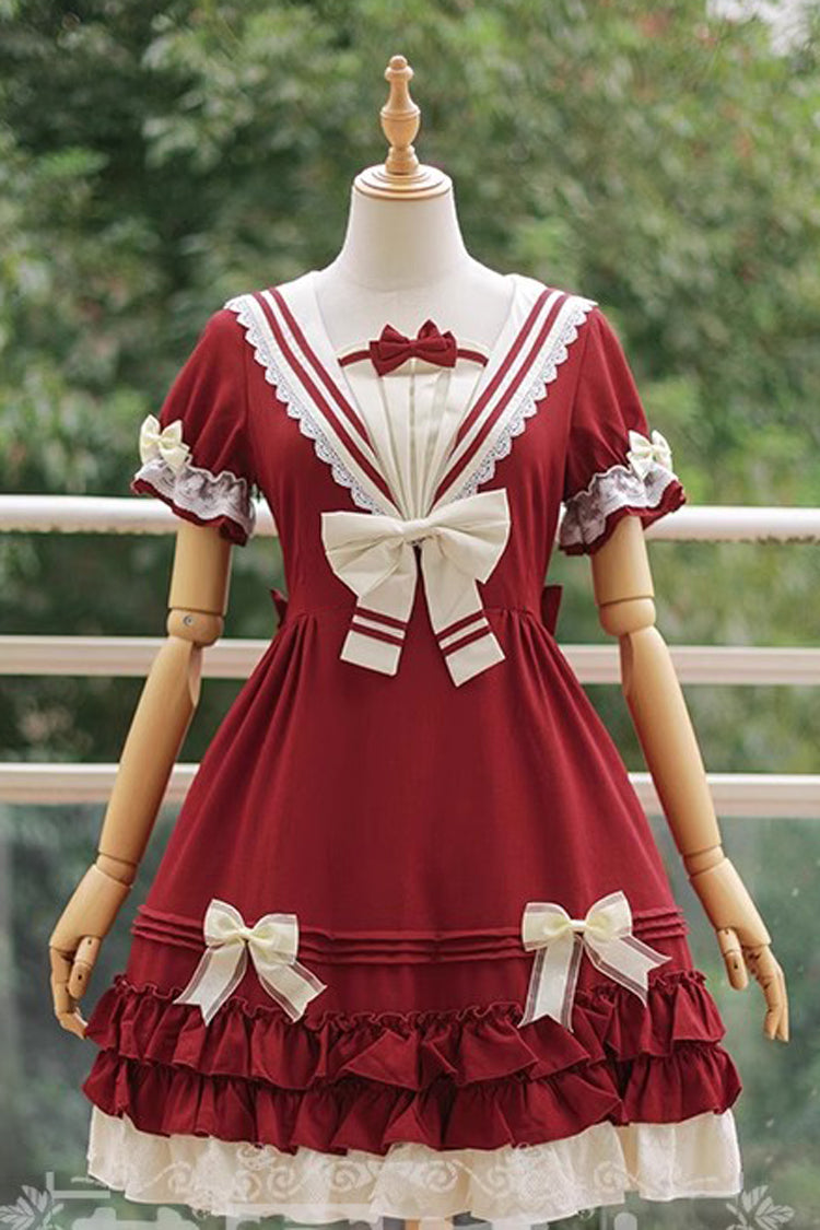 Rhine River Navy Style Short Sleeves Bowknot Sweet Lolita Dress 4 Colors