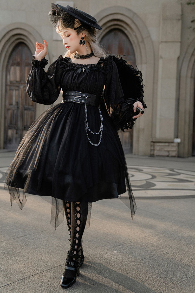 Black Square Collar Metal Chain Organza Stitching Gothic Lolita OP Dress (Short Version)