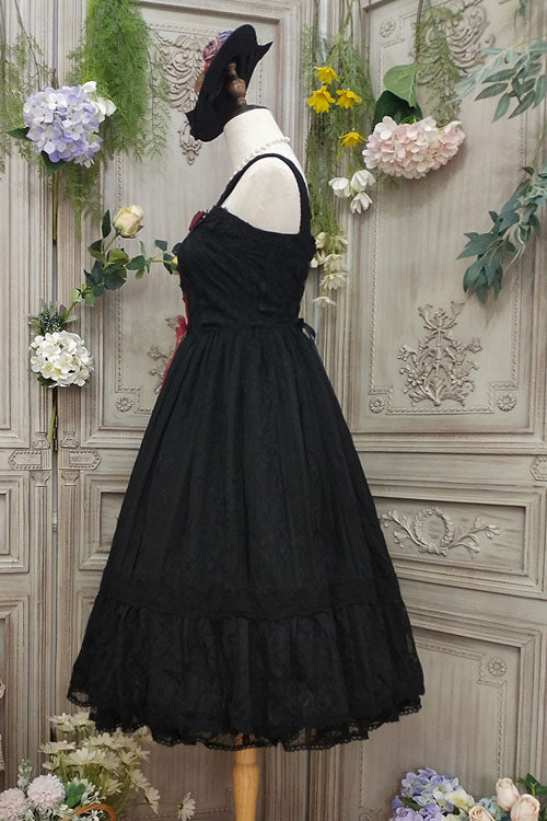 Black Solid Color Elegant Vintage Rose Multi-Layer Embroidery Ruffled Sweet Lolita JSK Dress