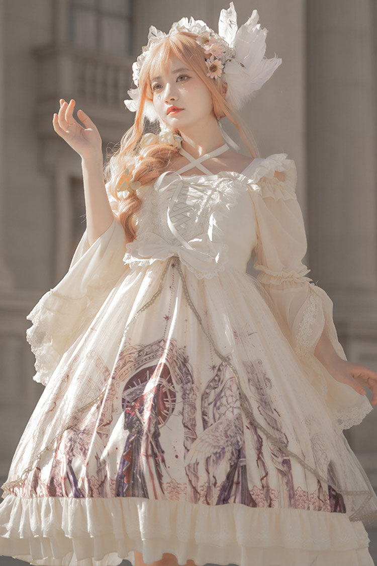Ivory Ancient Mythology Angel Wings Print Mesh Stitching Bowknot Ruffled Gothic Lolita Jsk Dress