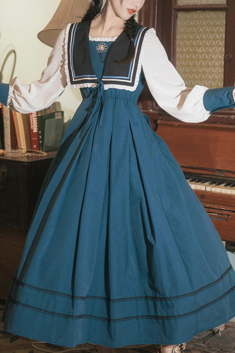 Multi-Color Retro Doll Collar Long Lantern Sleeves High Waist Embroidery Sweet Lolita OP Dress